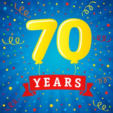 70 yıl yıldönümü kutlamaları renkli balonlar ve konfeti ile. Vektör çizim tasarım kutlama parti yıldönümü 70 yıl şablon numaraları benzersiz bir geçmiş, davetiye