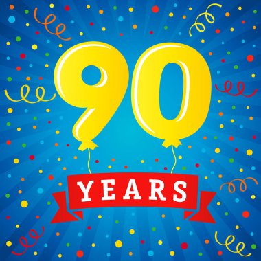 90 yıl yıldönümü kutlamaları renkli balonlar ve konfeti ile. Vektör çizim tasarım kutlama parti 90'ıncı yıl şablon numaraları benzersiz arka plan yıldönümü, davetiye