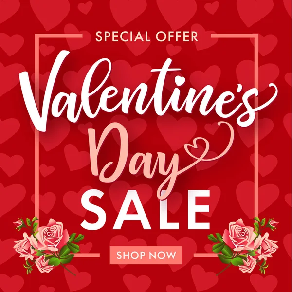 Valentines Day Sale Rose Flower Hearts Banner Banner Template Text — Stock Vector
