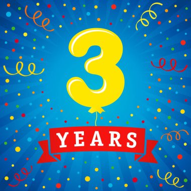 3 yıl yıldönümü kutlamaları renkli balon ve konfeti ile. Vektör çizim tasarım kutlama parti 3 yıl şablon numarası benzersiz arka plan yıldönümü, davet, kart