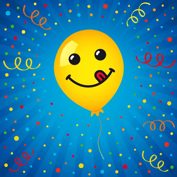 Glimlachen Van Gele Ballon Gekleurde Confetti Blauwe Achtergrond Vector Emoticon — Stockvector