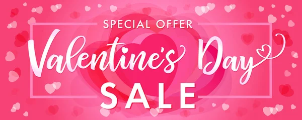 Sale Banner Happy Valentines Day Elegant Lettering Pink Hearts Special — Stock Vector