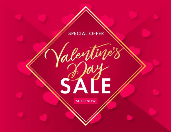 Valentines Day Golden Lettering Pink Hearts Sale Red Banner Valentines — Stock Vector