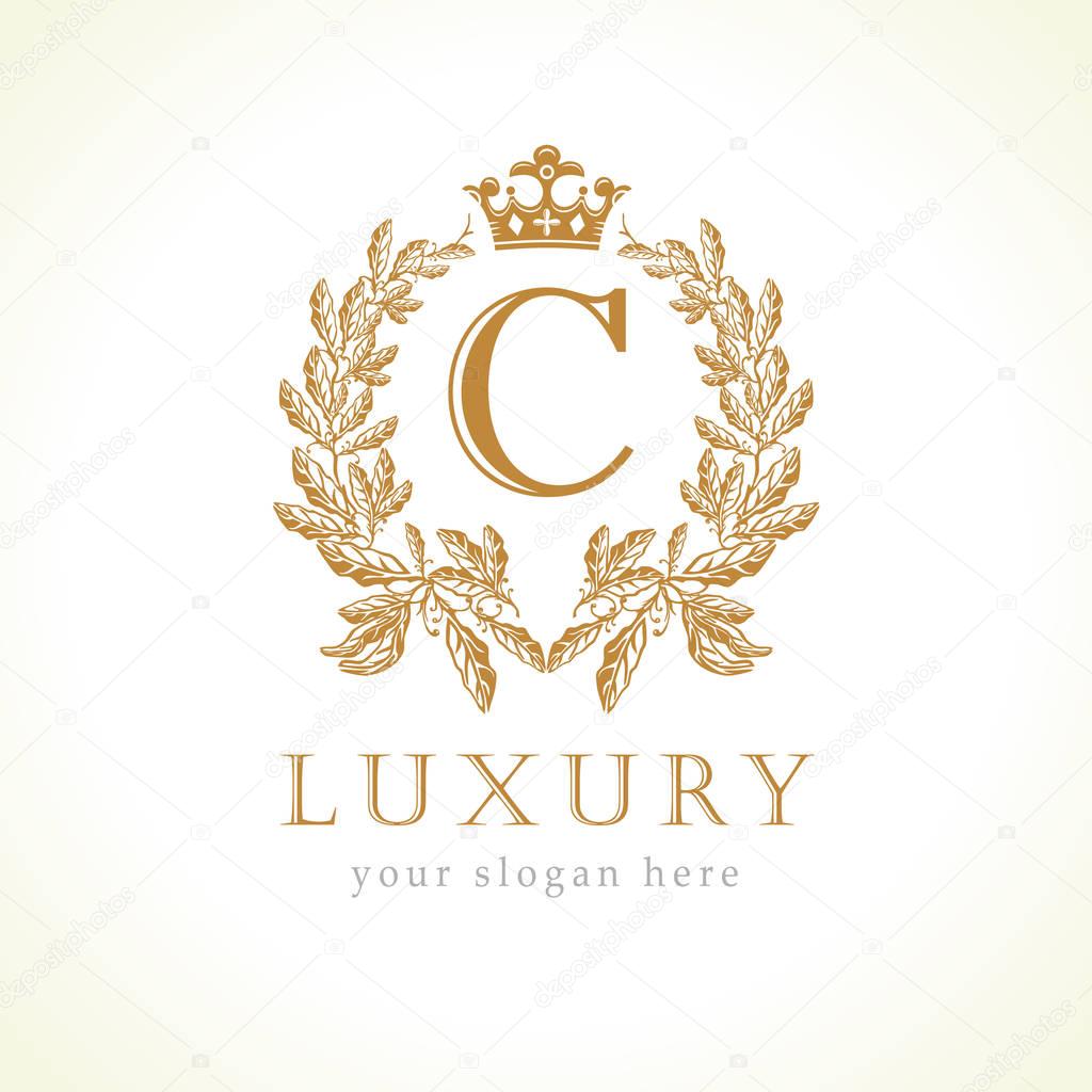 Luxury C letter and crown monogram logo. Laurel elegant beautiful round identity with crown and wreath. Vector letter emblem C for Antique, Restaurant, Cafe, Boutique, Hotel, Heraldic, Jewelry