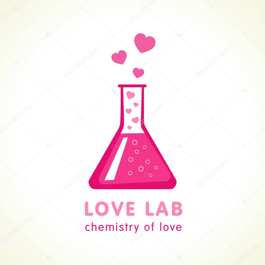 Love lab logo design vector template. Flask with pink hearts icon in flat style isolated on white background. Happy Valentines Day concept chemistry of love elixir