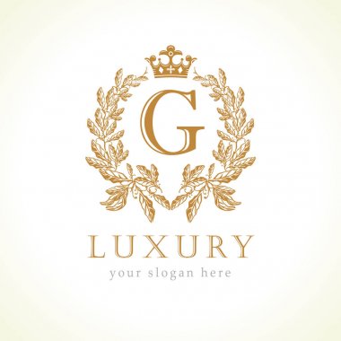 Lüks G harfi ve taç logo monogram. Laurel zarif güzel yuvarlak kimliğiyle taç ve çelenk. Vektör mektup amblemi G antika, Restoran, Cafe, butik, otel, Heraldic, takı
