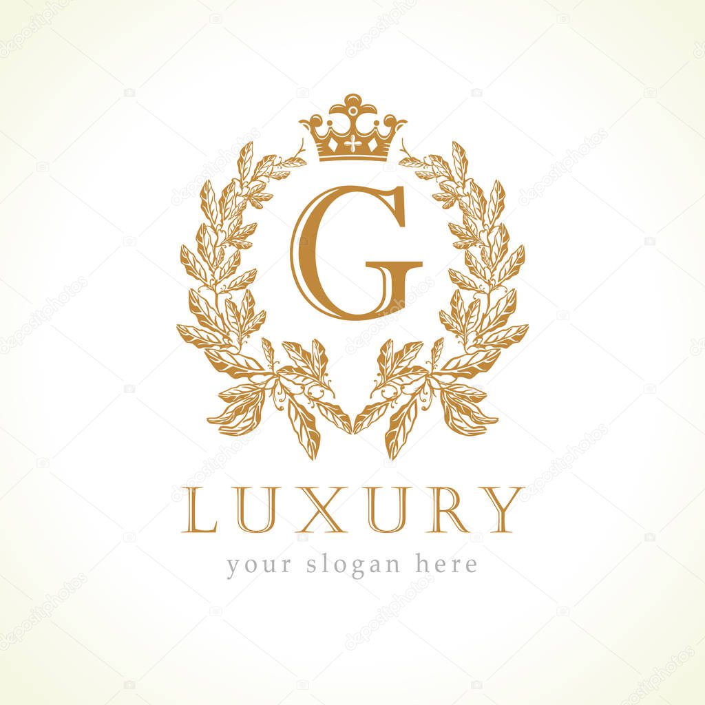 Luxury G letter and crown monogram logo. Laurel elegant beautiful round identity with crown and wreath. Vector letter emblem G for Antique, Restaurant, Cafe, Boutique, Hotel, Heraldic, Jewelry