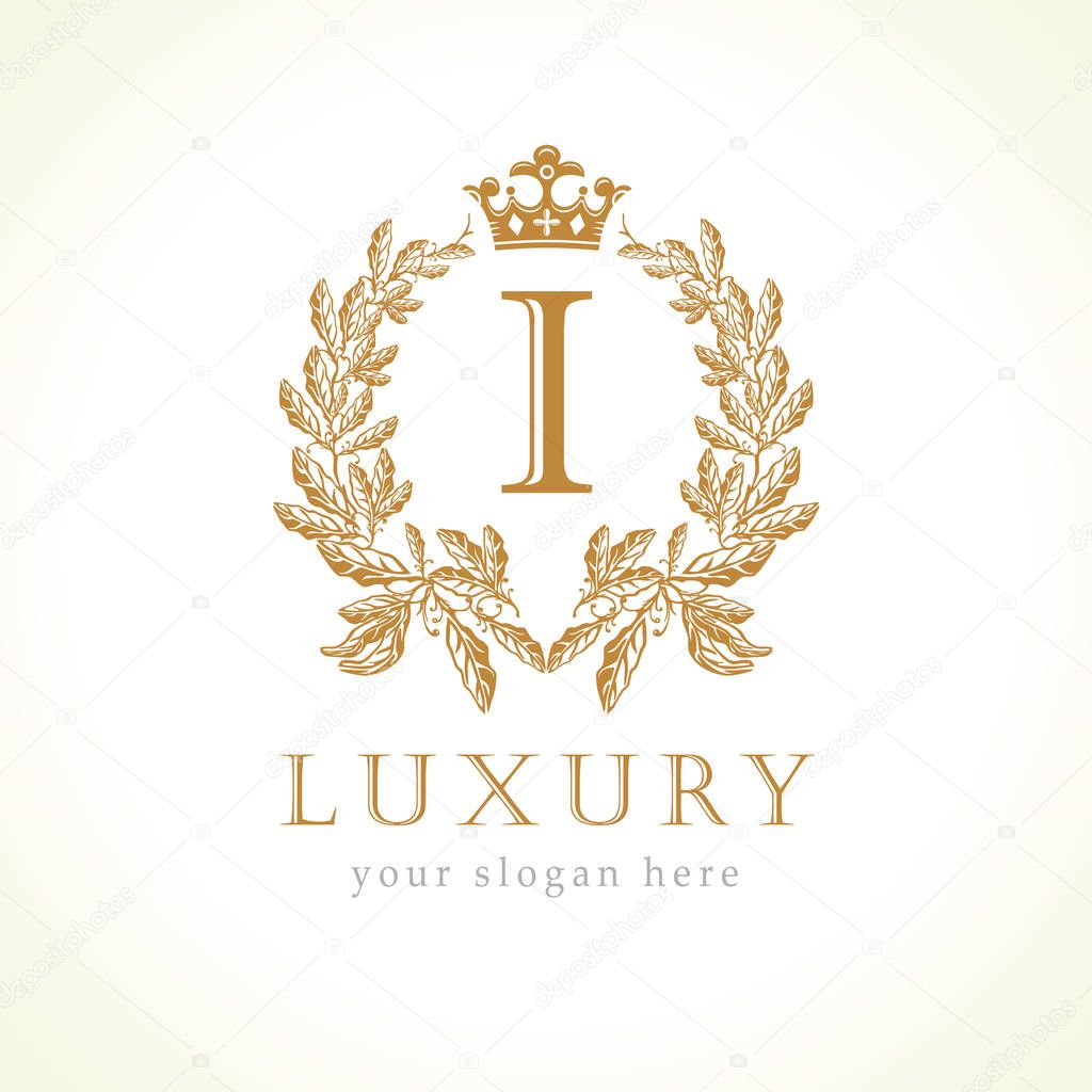 Luxury I letter and crown monogram logo. Laurel elegant beautiful round identity with crown and wreath. Vector letter emblem I for Antique, Restaurant, Cafe, Boutique, Hotel, Heraldic, Jewelry