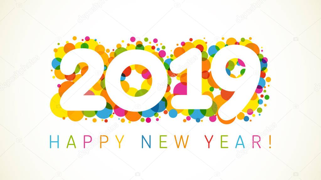 2019 A Happy New Year xmas greetings. Holidays colored background, bubbles shape pattern. Funny isolated digits, isolated numbers template. Percent % off idea, colored letter O, 0 zero null symbol.