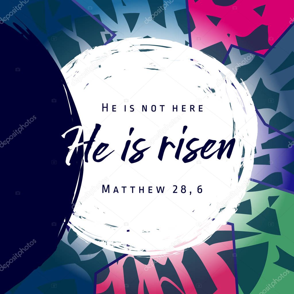 He is risen, He is not here. Invitation vector blue color template. Open lighting empty cave shining angel inside. Religious greetings. Jesus up from dead. Light in the end of tunnel. Isolated elements