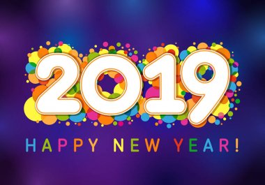 2019 mutlu yeni yıl Noel selamlar. Koyu mavi arka plan, milti renkli konfeti, tebrik kutlama izole parlak beyaz numaraları şablon vektör.