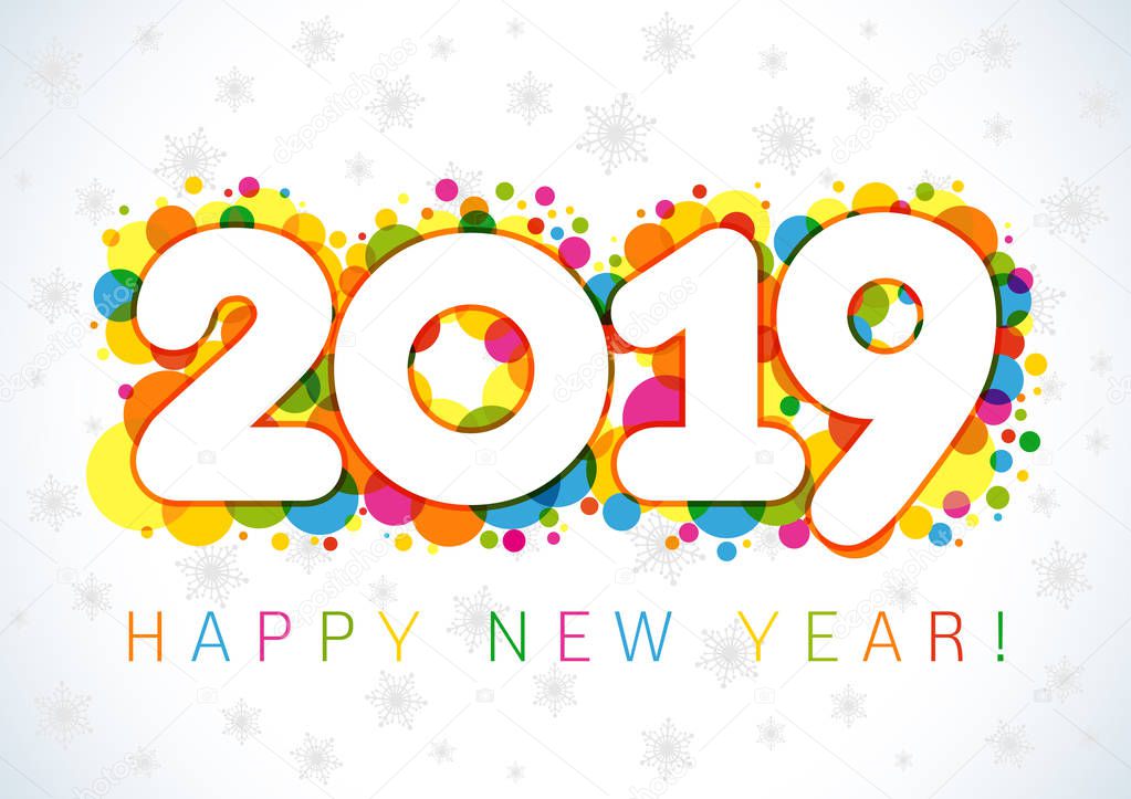 2019 Happy New Year xmas greetings. light snowy winter background, milti colored confetti, snowflakes and bubbles, isolated bright white numbers, celebrating congratulating vector template.