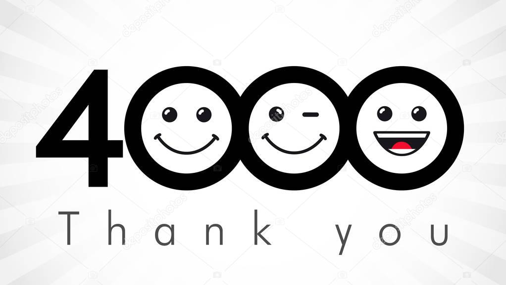 Thank you 4000 followers numbers. Congratulating black and white thanks, image for net friends in two 2 colors, customers likes, % percent off discount. Round isolated emoji smiling people faces. Abstract celebrating logotype.