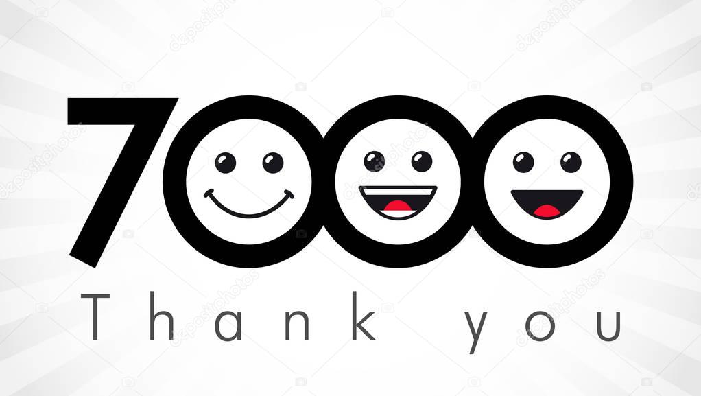 Thank you 7000 followers numbers. Congratulating black and white thanks, image for net friends in two 2 colors, customers likes, % percent off discount. Round isolated emoji smiling people faces. Abstract celebrating logotype.