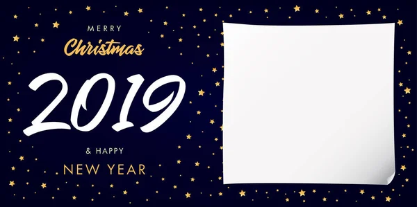 2019新年快乐圣诞祝福 深蓝色黑色背景 经典的孤立有色数字 带有数字的季节性广告模板 与白色纸张和文本位置的折扣百分比 — 图库矢量图片