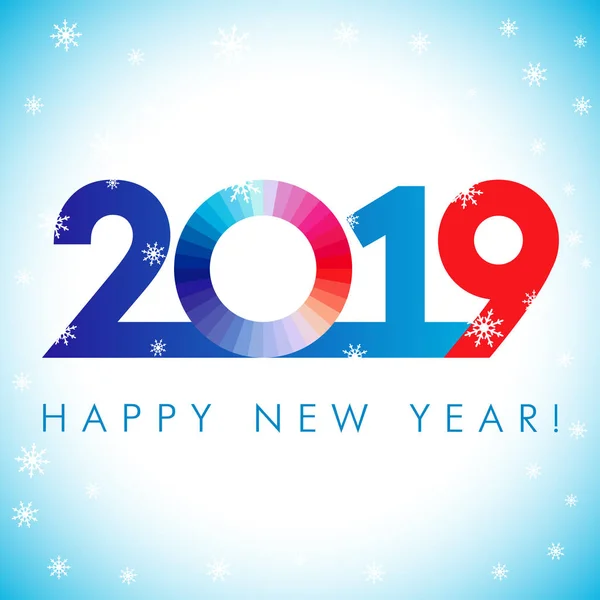 2019 A mutlu yeni yıl Noel selamlar. Beyaz mavi karlı kış arka plan, vitray null, 20, 9 ve 0 parlak numaraları izole. Mevsimlik indirimli basamak % oranında kapalı, renkli sıfır veya harf O kimlik şablonu.