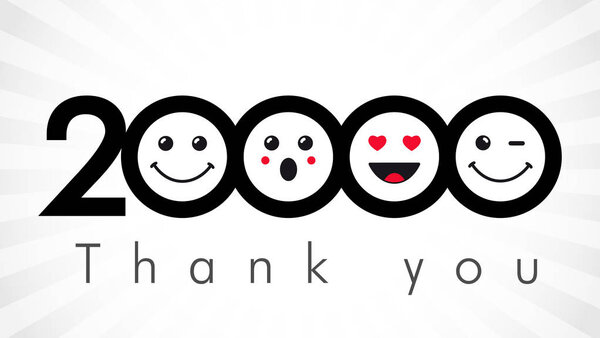 Thank you 20000 followers numbers. Congratulating black and white networking thanks, net friends image in two 2 colors, customers 20 000 likes, % percent off discount. Round isolated smiling people's faces.