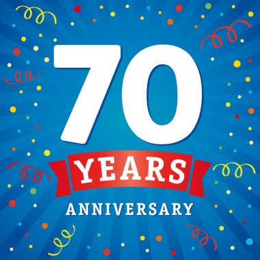 70 yıl yıldönümü logo kutlama kartı. kırmızı kurdele ve mavi flash radyal çizgiler üzerinde renkli konfeti ile 70 yıl yıldönümü vektör arka plan