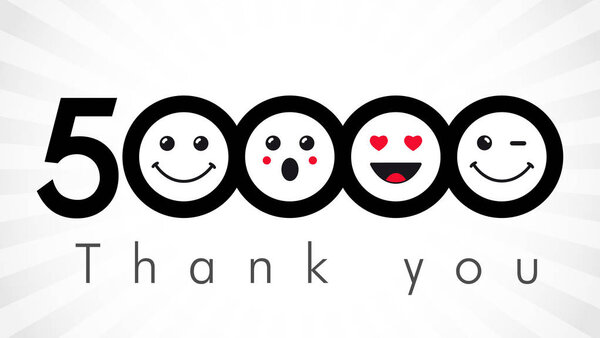 Thank you 50000 followers numbers. Congratulating black and white networking thanks, net friends image in two 2 colors, customers 50 000 likes, % percent off discount. Round isolated smiling people's faces.