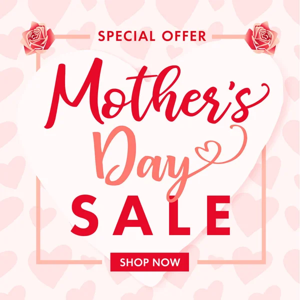 Feliz Día Madre Rosa Flor Corazones Rojos Banner Venta Oferta — Vector de stock