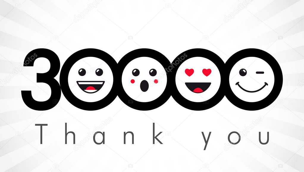 Thank you 30000 followers numbers. Congratulating black and white networking thanks, net friends image in two 2 colors, customers 30 000 likes, % percent off discount. Round isolated smiling people