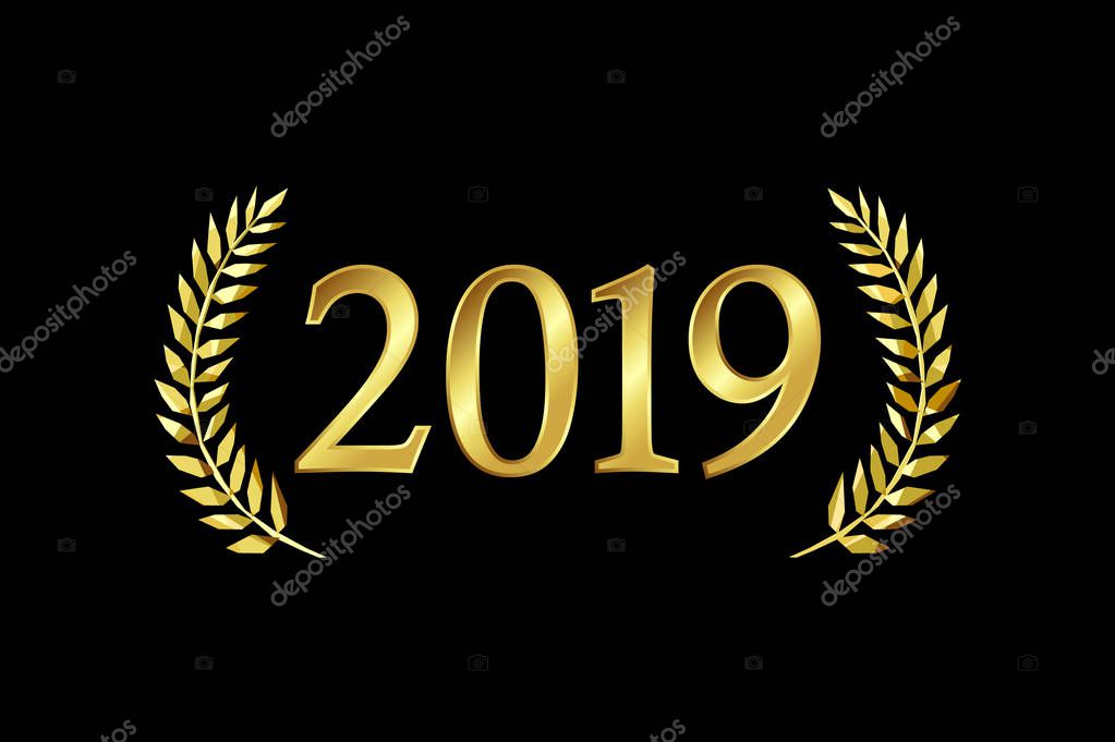2019 A Happy New Year, merry xmas greetings with palms framed. Luxurious isolated golden round awards graduating sign 20, 1, 9, 19, 21 and 29 numbers. Stained glass branches template on dark black bg.