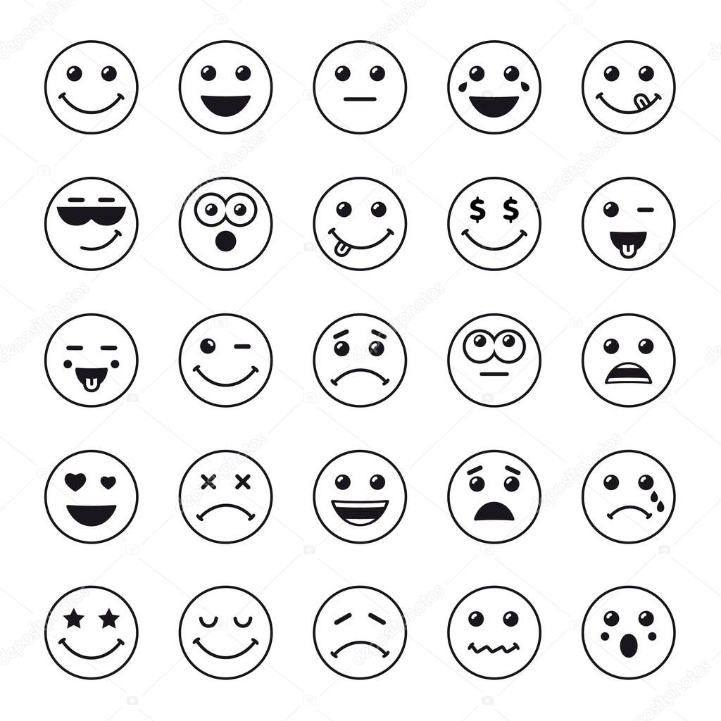 Set of line art round emoticons or emoji icons black. Smile icons vector illustration isolated on white background. Concept for World Smile Day smiling card or banner