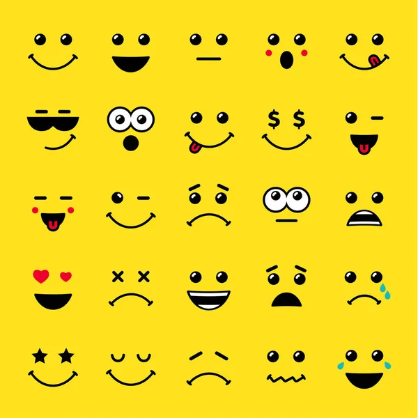 Zestaw Linii Sztuki Emotikony Lub Żółte Ikony Emoji Uśmiech Wektor — Wektor stockowy