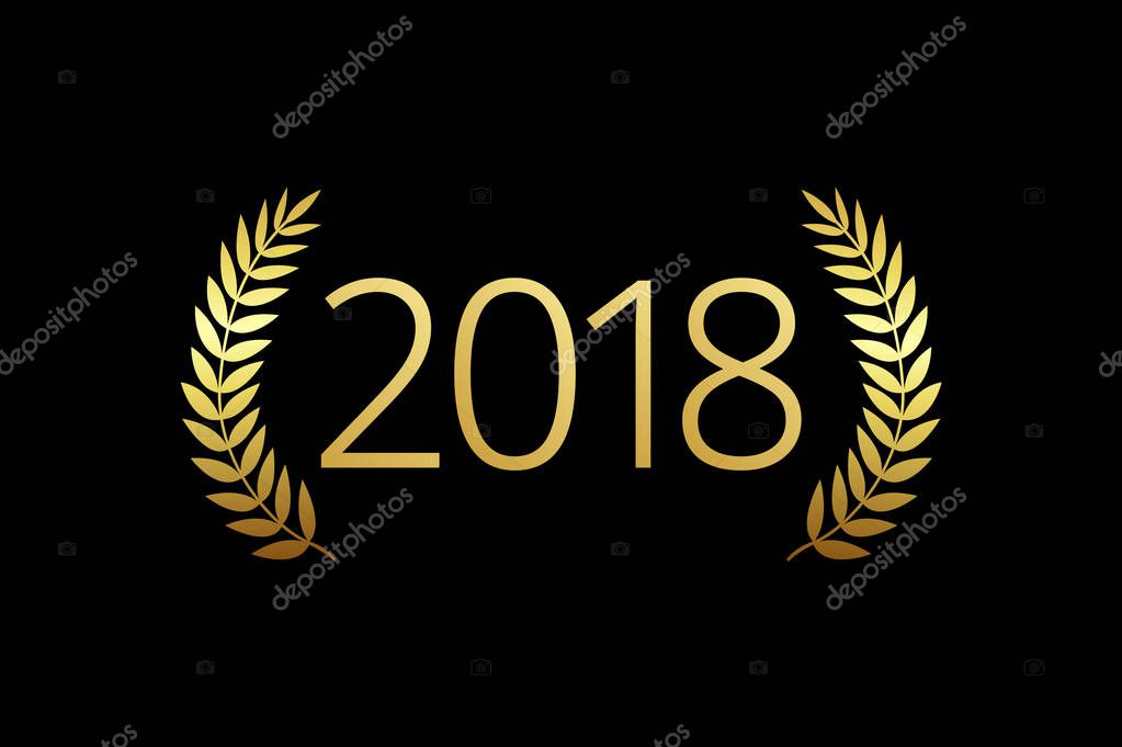 2018 A Happy New Year, merry xmas, graduating greetings with palms framed. Luxurious premium isolated golden round graduates awards sign or 20, 10, 80 th anniversary retro numbers. Branches template on dark bg.