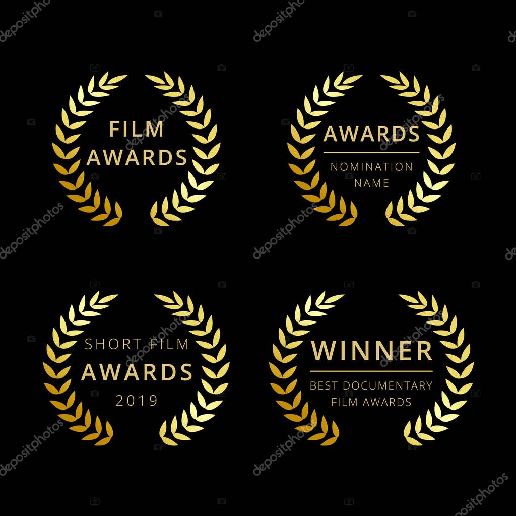 Film awards logotype. Isolated elegant abstract gold gradient emblem. Luxurious congratulating framed template, prize. Celebrating decorative traditional greetings, palms branches in minimalism style.