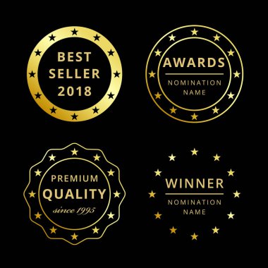 En iyi satıcı veya fiyat 2018, 2019 selamlar. Logo toplama Ödülleri. İzole zarif soyut altın gradyan simgeler kümesi. Lüks kazanan şablon, ilk yer veya indirim tebrik.