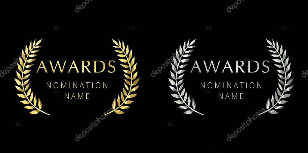 Awards logotype. Isolated elegant abstract gold, silver emblem. First 1st and second place symbol. Luxurious congratulating framed template. Celebrating decorative traditional greetings, stained glass crystal palms branches.