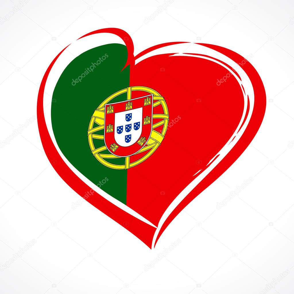 Love Portugal, heart emblem in national flag colored. Flag of Portugal with heart shape for Portugal Independence Day isolated on white background. Vector illustration