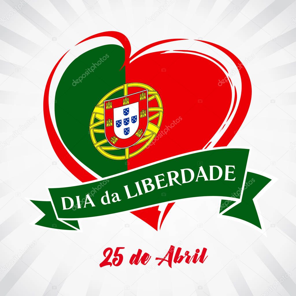 Liberty Day Portugal, heart emblem in national flag colored. Flag of Portugal with heart shape for Portugal Liberty Day 25 April on white beams background. Vector illustration