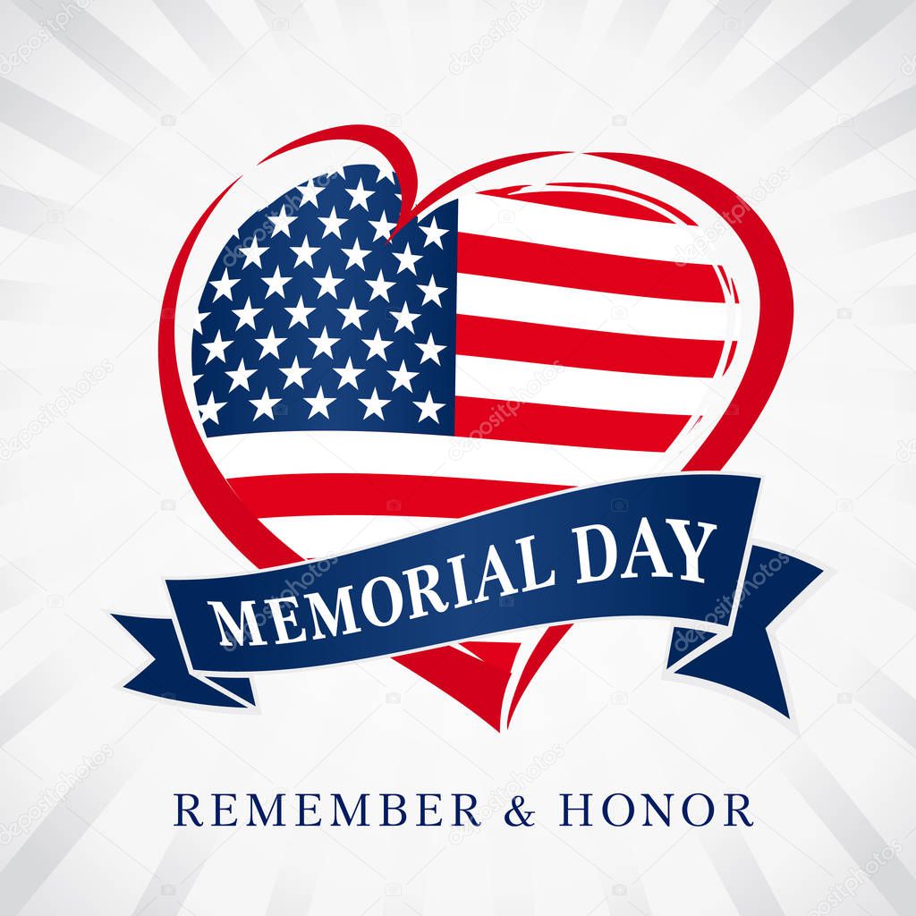 Memorial day remember & honor, heart and flag light beams banner. Happy Memorial Day vector background template with heart in national flag colors