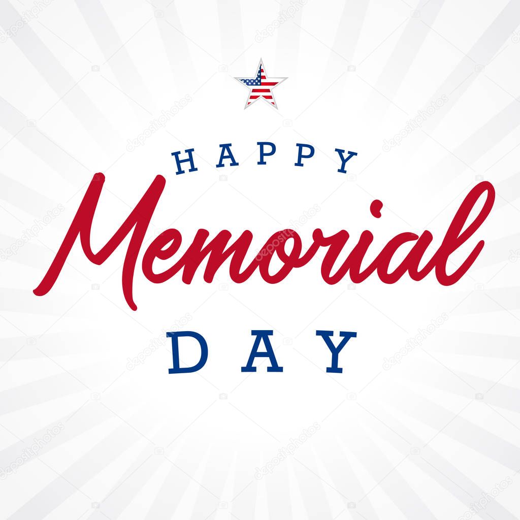 Happy Memorial day star and light beams banner. Memorial Day lettering vector template in with text on light striped background