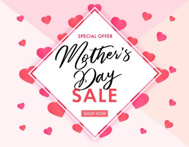 Anneler günü satış afiş zarif yazı ve pembe kalpler. Hat vektör metin özel teklif satış ve arka plan üzerinde pembe kalpler anneler günü için