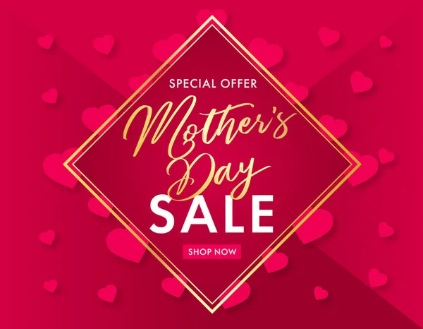 Mother Day Stijlvolle Gouden Belettering Roze Harten Verkoop Banner Kalligrafie — Stockvector