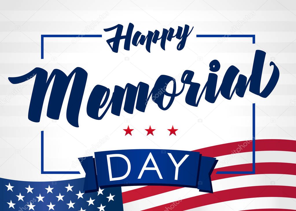 Memorial day USA 28 may and flag on light stripes background. Happy Memorial Day, remember & honor vector banner template in national flag colors with text and stars