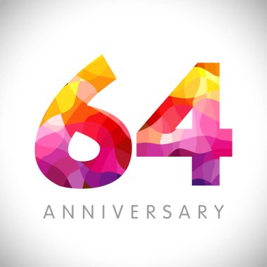 64. Yıl dönümü numaraları. 64 yaşında, sarı renkli logoti. Yaş olarak tebrik ederim, tebrik ederim. Soyut grafik tasarım şablonu. Yaratıcı 4, 6 3 boyutlu rakamlar. Yüzde 64 'e kadar indirim var..
