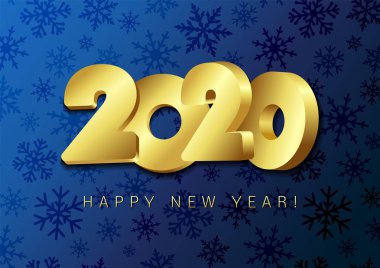 Mutlu yıllar 2020. 2020 altın metalik numaraların tatil vektör illüstrasyonu. Mavi kar arka planında gerçekçi 3D işareti. Tatil posteri ya da afiş tasarımı