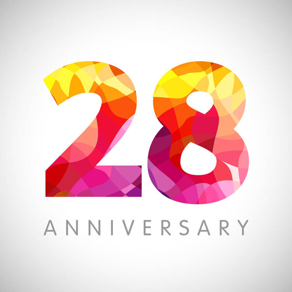 28 th anniversary numbers. 28 years old yellow coloured logotype. Age congrats, congratulation idea. Isolated abstract graphic design template. Creative 2, 8 3D digits. Up to 28% percent off discount.