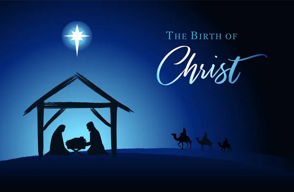 Christmas Scene Baby Jesus Manger Mary Joseph Silhouette Bethlehem Star — Stock Vector