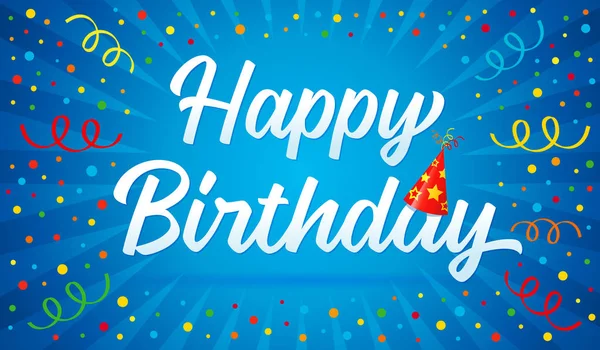Gelukkige Verjaardag Belettering Tekst Feestmuts Kleurrijke Confetti Linten Blauw Verjaardag — Stockvector
