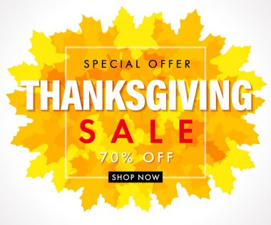 Şükran Günü indirimli afişinin tipografisi. Şükran Günü kartpostalı ya da rozeti için sarı akçaağaç yapraklı mevsimlik harfler. Vektör tatil illüstrasyonu