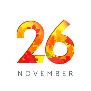26 Kasım takvim numaraları. 26 yaşında, sonbahar logosu. Yıldönümü numaraları ve yapraklar. Soyut grafik tasarım şablonu. Beyaz arka plan. Yaratıcı indirimde% 26 'ya kadar indirim var..