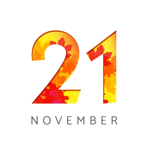 11月21日の暦数 21歳の秋のロゴタイプ 葉を持つ記念日の数字 抽象的なグラフィックデザインテンプレートを分離 白地だ創造的な割引から最大21 — ストックベクタ
