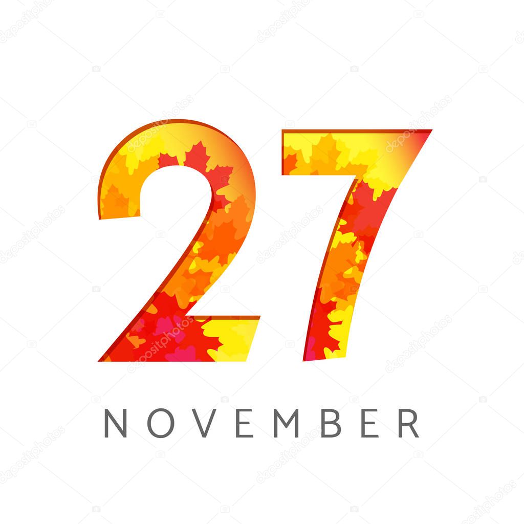 27 th of November calendar numbers. 27 years old autumn logotype. Anniversary digits with leaves. Isolated abstract graphic design template. White background. Up to 27% percent off creative discount.