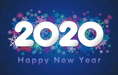 2020 Bir Mutlu Yıllar tebrik kartı. Xmas 'ın karlı arka planı. Kağıt tatil numaraları ve mesajlar. Renkli logot tipi. Soyut izole grafik tasarım şablonu. Takvim başlığı. Sezonluk satışlar için 20 haneli rakamlar.