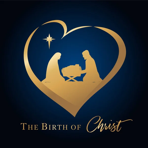 Christmas Scene Baby Jesus Manger Mary Joseph Golden Silhouette Heart — Stock Vector